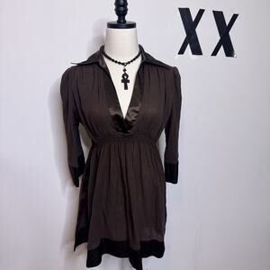 Vintage Y2K Bebe Chocolate Brown Deep V Neck Gauze Sheer Collared Babydoll Top S